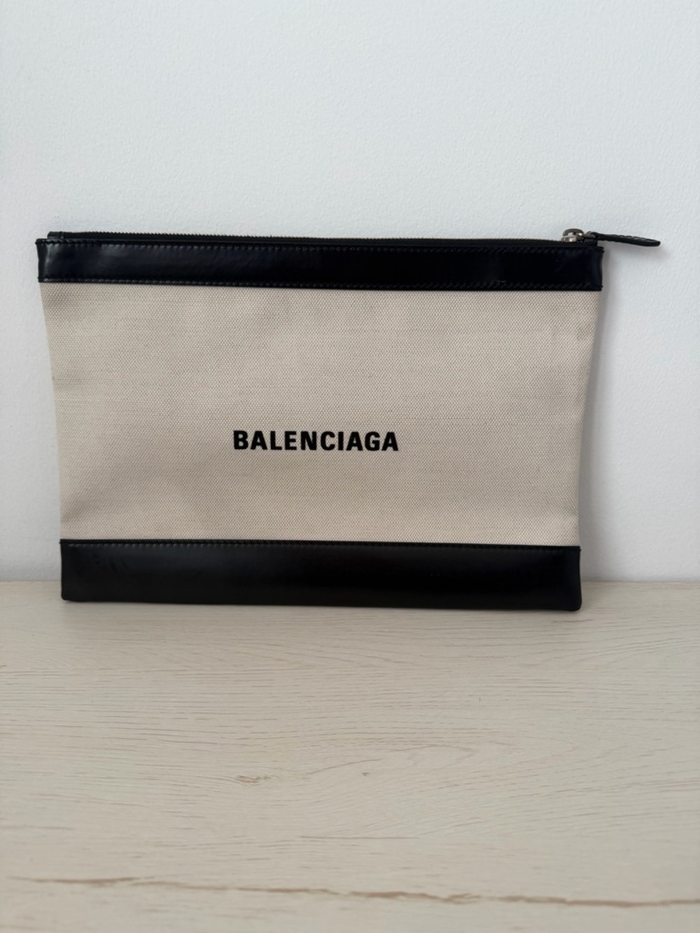 Balenciaga Cream Canvas Pouch with Black Trim